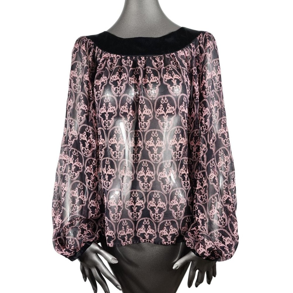 Thomas Wylde Silk Sheer Top Skull Pink Black Blouse Shirt Small